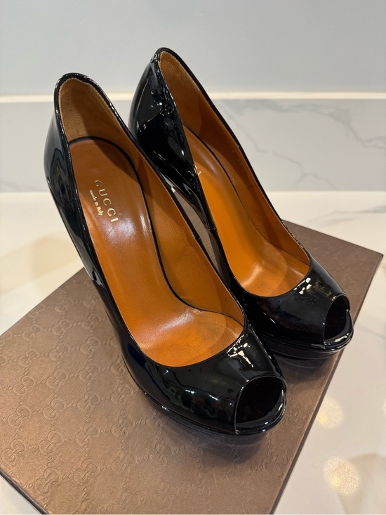 Gucci Shoes - Gucci Black Patent Leather Peep-Toe Heels